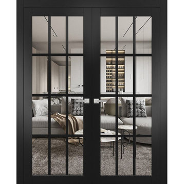 Interior French Double Doors 48 x 80, Felicia 3355 Black & Clear Glass