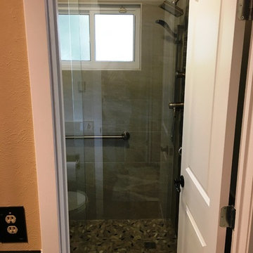 BATHROOM - Contemporary Tub-To-Shower 12 x 24  TanTile and Linear Mosaic Accent