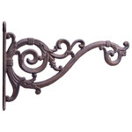Import Wholesales - Decorative Plant Hanger, Swooping Vine, Cast Iron, 13.75" Deep - This Swooping Vine Plant Hanger is 13.75" Deep and made of cast iron with a distressed brown color. The flower basket hanger features large swooping, swirling vines with a hook at the end perfect for hanging flower baskets, windchimes or even bird feeders. Features pre-drilled holes for easy mounting.