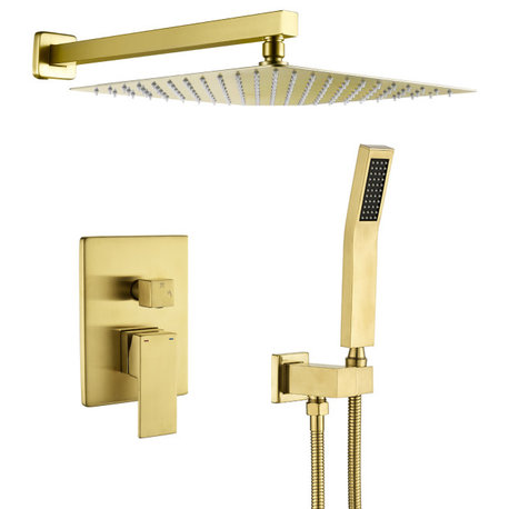 Wellfor Shower Faucet with Rain Shower Head, Handheld Shower and Valve, Brushed Gold, 12" Shower Head