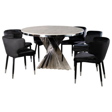 7-Piece Waterfall Dining Set, Silver/Black Chairs