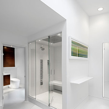 Contemporary white bathroom w large shower