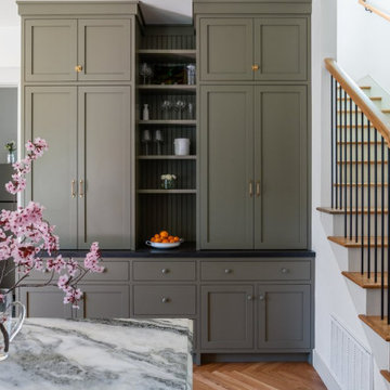 Custom Green Cabinetry w/Plain Sliced White Oak Island