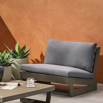 Elloree Outdoor Acacia Wood Club Chair With Cushions, Gray/Dark Gray