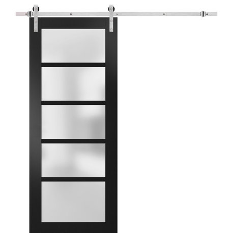 Barn Door 32 x 80 Frosted Glass, Quadro 4002 Matte Black, Silver 6.6FT