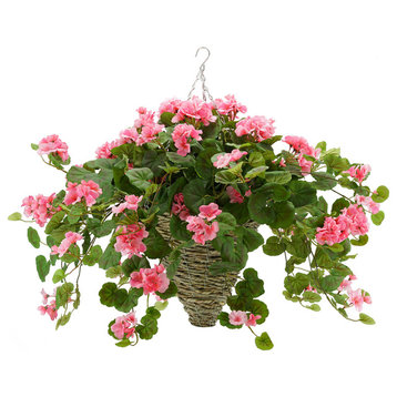 Artificial Pink Geranium in Hanging Basket , Cone