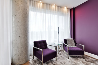 Bedroom - large contemporary master medium tone wood floor bedroom idea in Montreal with purple walls and no fireplace