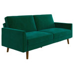 Atwater Living - Atwater Living Joyce Coil Futon, Green Velvet - Complete your living room decor with the elegant EveryRoom Joyce Coil Futon! Designed with a soft velvet upholstery, delicate track arms and slanted solid wood legs, the Joyce is a modern dream come true. Not only is it right on trend, but it is also the multi-functional piece you never knew you needed, but now can"t live without. The Joyce features a split back design that allows you to independently recline the backrests into multiple positions. With a simple push or pull, this futon converts from a sitting position to a lounging position and all the way to a sleeping position. Your overnight guests will be left feeling more than delighted thanks to the sofa beds cushion, which are made with independently encased coils to provide ultimate comfort and support. The Joyce Coil Futon is available in multiple colors.
