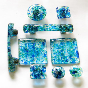 Handmade glass knobs, pulls, tiles and handles in a custom blend of cobalt blue,