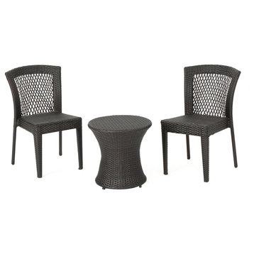 GDF Studio 3-Piece Capella Outdoor Multi-brown Wicker Stacking Chair Chat Set, Hour Glass Table