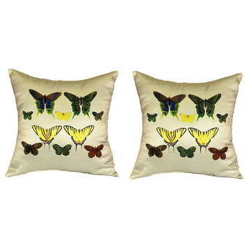 Pair of Betsy Drake Yellow Butterflies Antique Print Pillows 18 Inch X 18 Inch