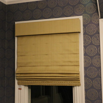 Cordless relaxed roman shade with valance and trim