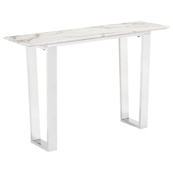 Modern White Marble Sofa Console Table, Brushed Stainless Base