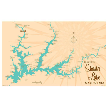 Lakebound Shasta Lake California Map Art Print, 12"x18"