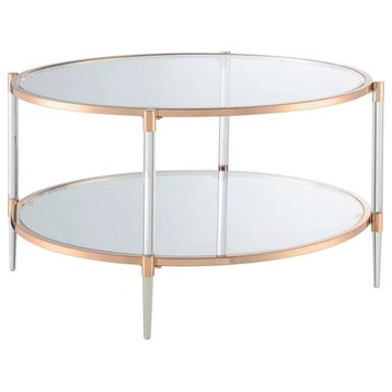 Contemporary Coffee Table, Elegant Acrylic Legs With Open Glass Shelf, Rose Gold