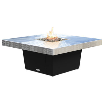 Square Fire Pit Table, 48x48, Chat Height, Propane, Brushed Aluminum Top, Black