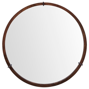 Hausen 31.5-Inch Mid-Century Modern Round Accent Wall Mirror, Brown Walnut