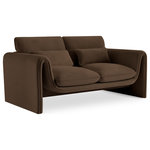 Meridian Furniture - Sloan Brown Velvet Fabric Loveseat - Position this elegantly eye-grabbing Sloan velvet loveseat wherever you need to inject sophistication and beauty into your room. This loveseat features sumptuously appointed soft brown velvet that covers every inch of its softly padded arms, seat, and back cushions, ensuring total bliss while you read or watch TV. A wooden frame adds durability to the design, and the addition of a special matching pillow on the back adds to the chair's overall comfort factor.