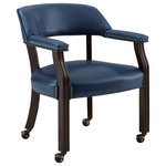 Steve Silver - Tournament Arm Chair With Casters, Navy - The Tournament Captains Chair features detailed craftsmanship, casters which provide mobility, comfortable padded seats and backs that have decorative nail head trim and are upholstered in a durable navy vinyl that is easily cleaned.  Your purchase includes one captains chair.