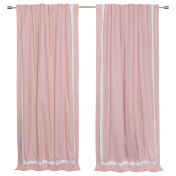 Ribbon Bordered Cotton Curtains, Blackout Lining, Pink.wh, 52"x63"