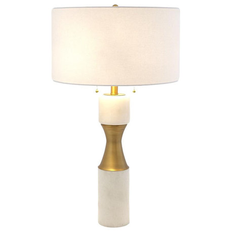 Hourglass Brass White Marble Column Table Lamp Cinch Pull Chain 31 in x 18 Curvy