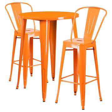 30" Round Orange Metal Indoor-Outdoor Bar Table Set With 2 Cafe Barstools