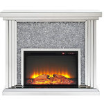 Krugg Reflections USA - Glam Diamond Fireplace With Touch Control 48"W X 40"T - The Noralie fireplace is a gorgeous addition to any sitting or living room. The electric fireplace boasts of fully mirrored fronts and sides, between a fully mirrored top and base. The fireplace features a large front mirror face with faux diamonds inserts and sides mixed with beveled mirrored columns in a unique geometrical design. With touch control technology and temperature remote control, this beautiful piece will dress up any room in your home.