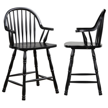 24" Counter Height Windsor Arm Stool, Antique Black, Set of 2