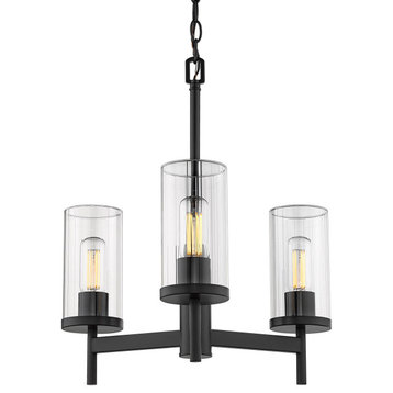 Winslett 3 Light Chandelier, Matte Black With Ribbed Clear Glass