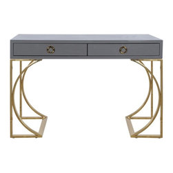 Worlds Away Vanessa Grey Two Drawer Desk, Brass Base - Desks And Hutches