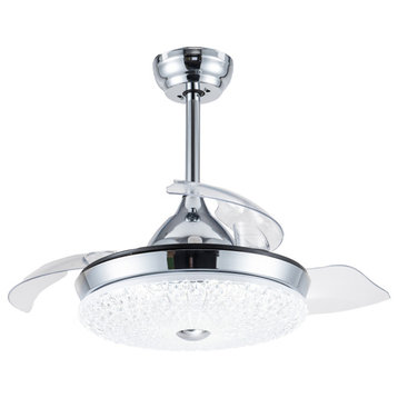 Crystal Shade Pendant Ceiling Fan with Concealable Fan Blades, Chrome