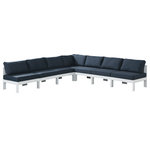 Meridian Furniture - Nizuc Water Resistant Patio L-Shaped Modular Sectional, Navy, 7-Piece: 6 Armless Chair, 1 Corner Chair, White Aluminum Frame - Pick and choose your favorites from the Nizuc collection to create a modular seating group the whole gang will enjoy. The sturdy aluminum frame provides dependable support for friends and family as they relax and unwind, and the resilient navy water resistant fabric stands up to the elements without losing its beautiful demeanor, so you can count on it lasting for the long haul. Latches beneath these seating pieces help you easily attach them to one another for convenient setup.