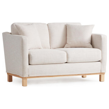 Modern Loveseat, Wooden Base With Padded Linen Inspired Upholstered Seat, Oat