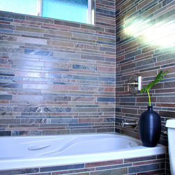 Island Stone copper quartzitic slate bathroom with linear interlock - Tile