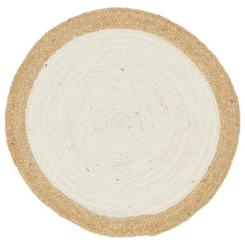 Farmhouse Area Rug, Bordered Hand Braided Off White Low Pile Jute, 9' Round