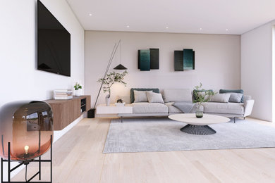 Imagen de sala de estar abierta minimalista con paredes beige
