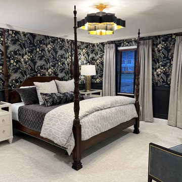 Dramatic Updated Traditional Primary Suite with Wallpaper and Wainscoting