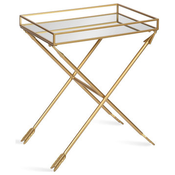 Unique End Table, Arrow Shaped Crossed Trestle Gold Legs With Mirrored Tray Top