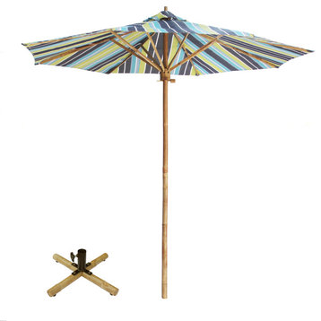 7 Foot Bamboo Umbrella With Pottery Polyester Canvas, Green Stripes