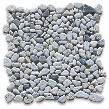 Non Slip Shower Tile Tumbled Pebble Stone Travertine Emperador Marble, 1 sheet