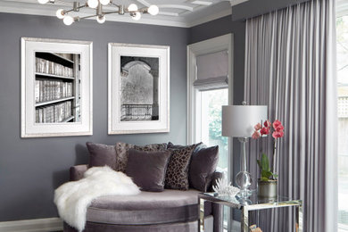 Living room library - contemporary enclosed dark wood floor, black floor and coffered ceiling living room library idea in Toronto with gray walls and no tv
