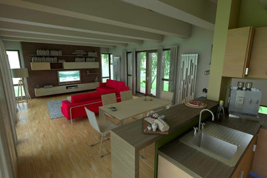 Kitchen/dining room combo - mid-sized mediterranean medium tone wood floor kitchen/dining room combo idea in Other with beige walls
