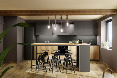 Ejemplo de cocina lineal industrial de tamaño medio abierta con armarios con paneles lisos, encimera de granito, salpicadero negro, suelo laminado, una isla, suelo marrón y encimeras negras