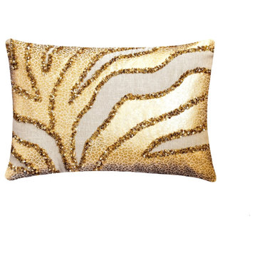 Gold Faux Leather 12"x24" Lumbar Pillow Cover Animal Sequins - Leopard Spotlight