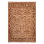 Bareens Designer Rugs - Haji Jellile Pak Persian Reme Tan/Brown Wool Rug 7'11'' x 10'2'' - Designed with mesmerizing intricacy and gorgeous color palette, this hand-knotted masterpiece demonstrates the beauty and electrifying thrill of Pak Persian art. These meticulously hand-knotted Pak-Persian rug is made with pure wool and features breathtaking traditional, transitional, and tribal designs in bold luxurious color pallets. Known for their intricate designs these rugs are a reproduction of Persian rugs, made in Pakistan with unique Mughal designs. Made by master weavers using the same Persian texture, design and dying technique, we wanted to produce the most significant manifestation of Persian art, life, and culture. This rug is most famous for its exceptional quality, incredible designs, patterns, and vibrant rich color. Pak-Persian rugs made with Persian weave with high knot counts, which enables the high intricacy and detail found in the patterns are also referred to as "State of art", each color adds a rich beautiful detail in the artwork of this rug. The design, color, and beautiful chromatic composition with a vibrant sheen with intricate designs, exude beauty, elegance, and quality make this rug a masterpiece of its own.