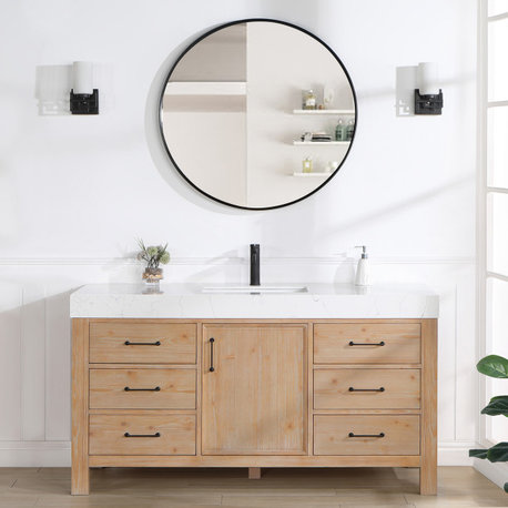 Leon Bath Vanity With Composite Stone Top, Fir Wood Brown, 60" Single Sink, No Mirror