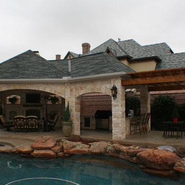 Fort Worth Covered Patio with Pergola Outdoor Kitchen and Outdoor Fireplace