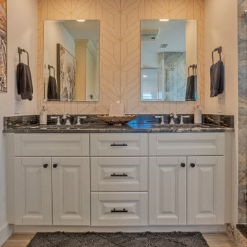 Transitional Bathroom with Double Vanity and Patterned Wallpaper