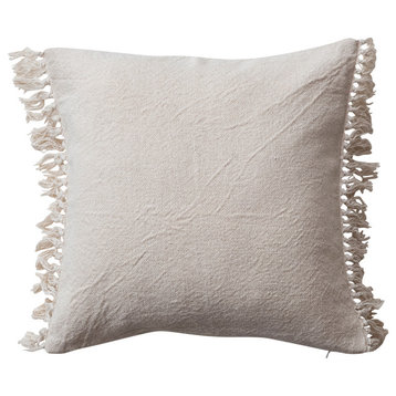 Soft Cotton Pillow With Fringe, White