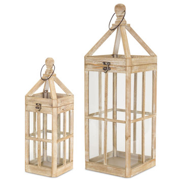 Lantern (Set Of 2) 19"H, 27"H Wood/Glass